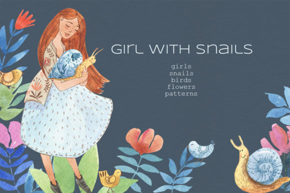 Charming Girl with Snails: A Watercolor Wonderland