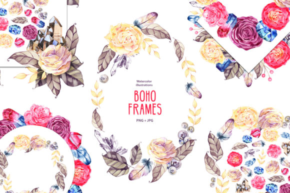 Watercolor Roses and Gems Frames