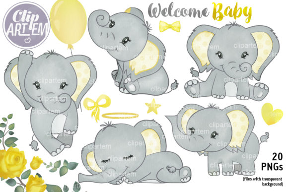 Welcome Baby Yellow Elephant Clip Art Bundle